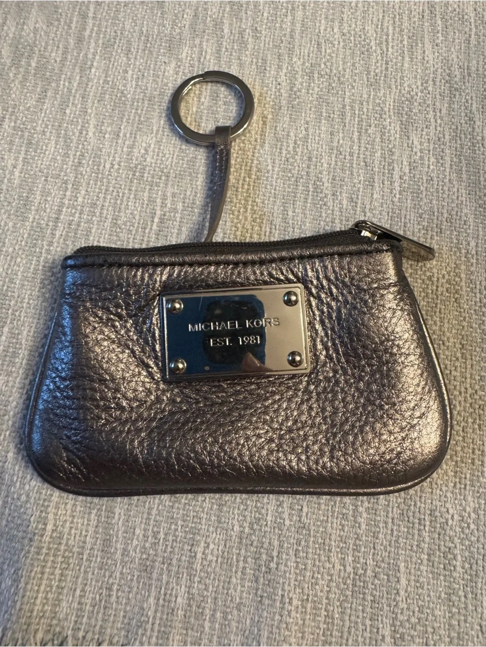 Michael Kors Metallic Pewter Leather Coin Pouch with Logo Plate